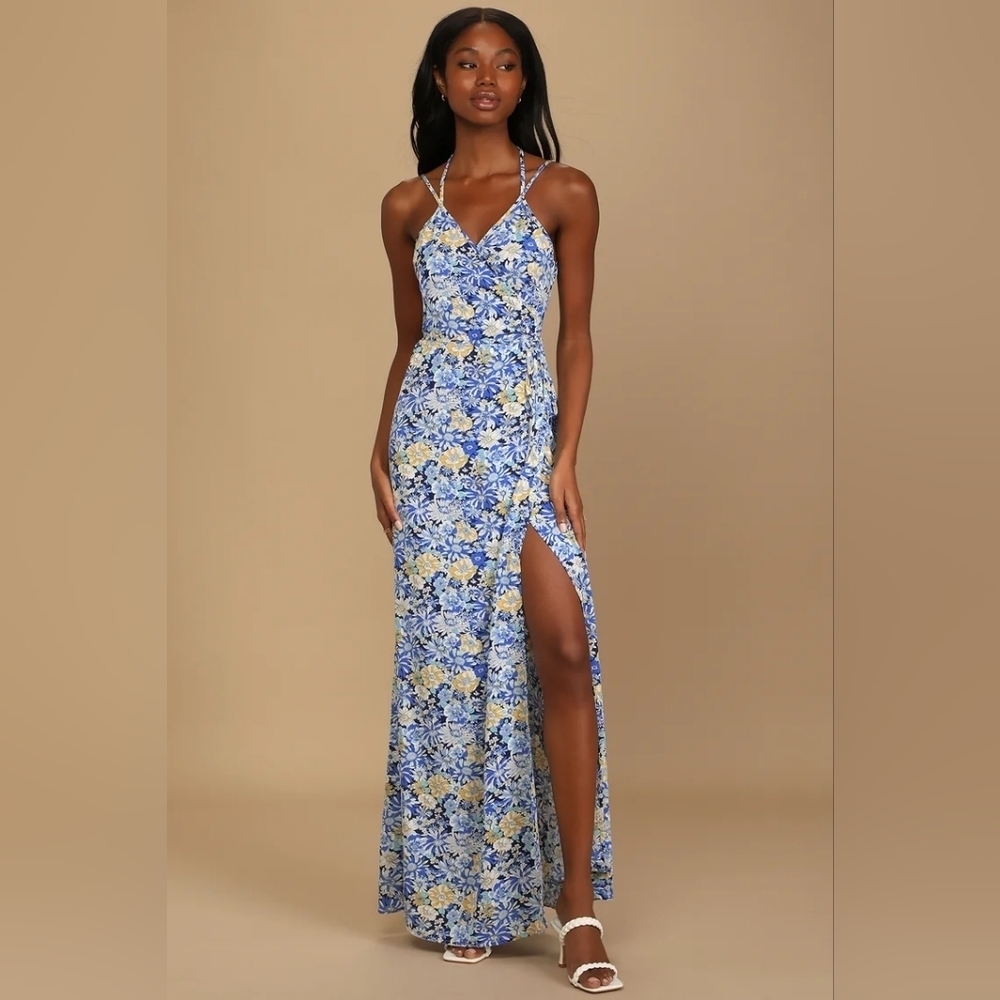 Lulu's to be Happy Blue Floral Print Wrap Maxi Dress